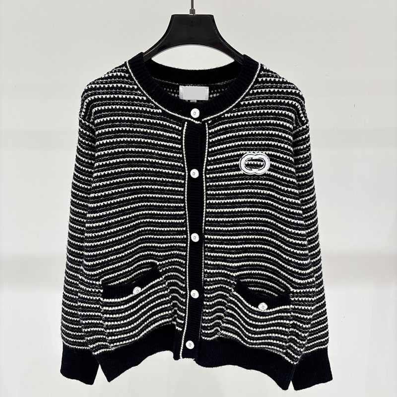Designer Black Vintage Cardigan Women Striped Embroidery Oversized Unisex Thick Cardigans Autumn Color Blocked Commute Sweater Tops