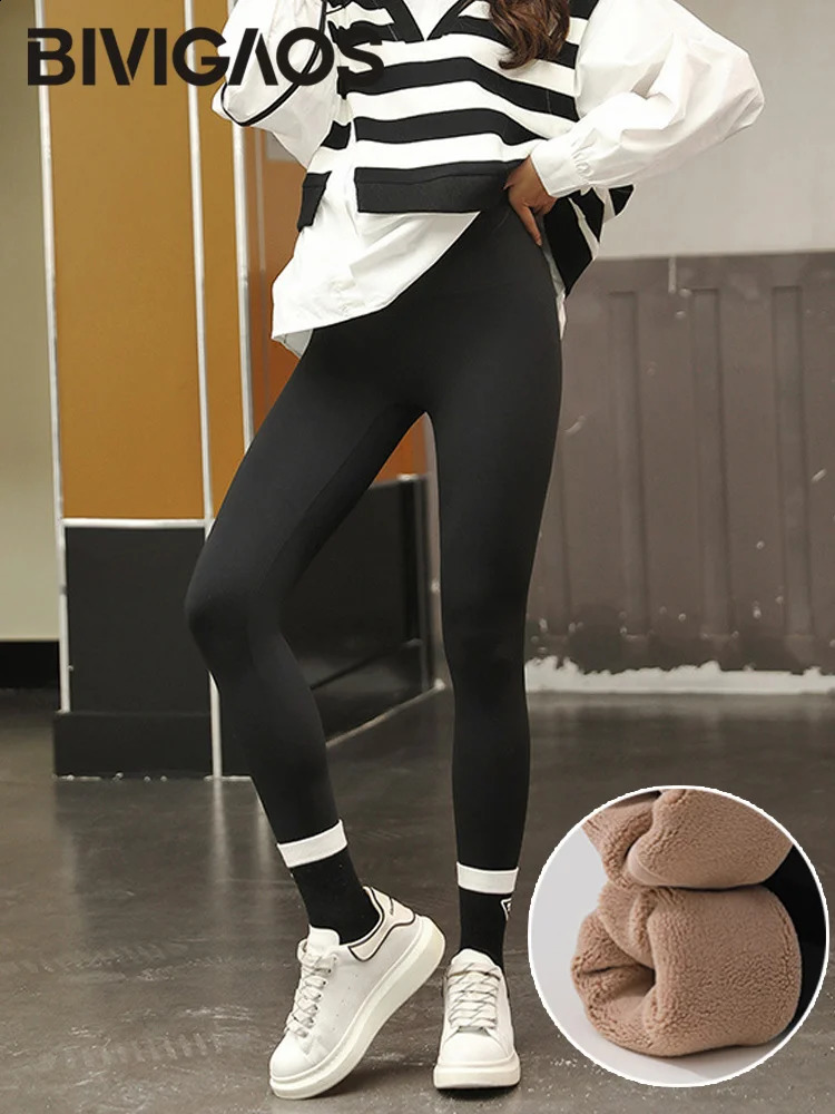 BIVIGAOS Womens Autumn Winter Thickened Alpaca Velvet Black Shark Leggings High Waist Slim Seamless Fleece Warm Leggings 260920