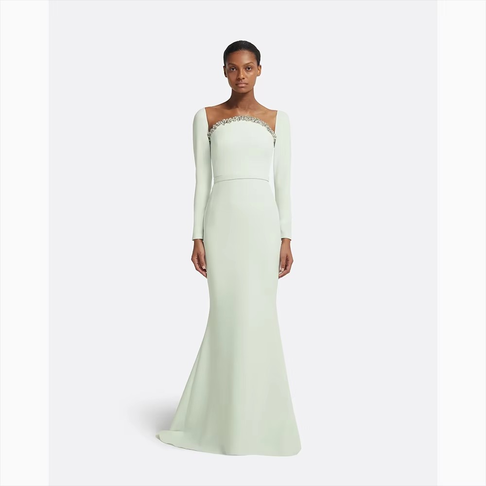 Chic Mint Green Evening Formal Dresses Strapless Rhinestones/Crystals Long Sleeves Mermaid Prom Pageant Party Gowns Celebrity African Vestidos De Fe