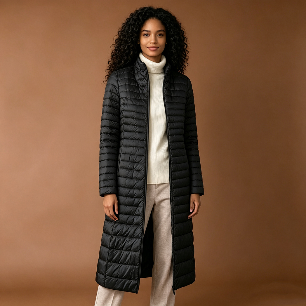 L-11805 Womens Long Lightweight White Duck Down Jacket Autumn Winter Stand Collar Slim Fit Over-the-Knee Puffer Coat Plus Size Warm Outerwear