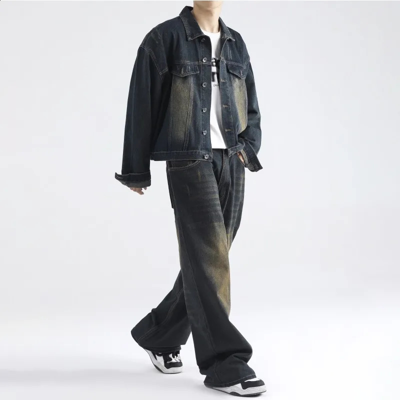 Gmiixder American Retro Vintage Denim Lapel Jacket Men's Hight Street Drape Wide Leg Jeans Hip Hop Trousers Suit/single Piece 260920