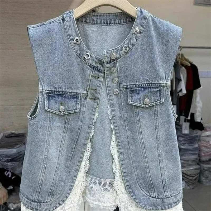 Spring Autumn lace Stitching Denim Vest Jacket Womens Korean Sleevele Waistcoat Cowboy Vest Coat Female Casual Ladies Tops 260920