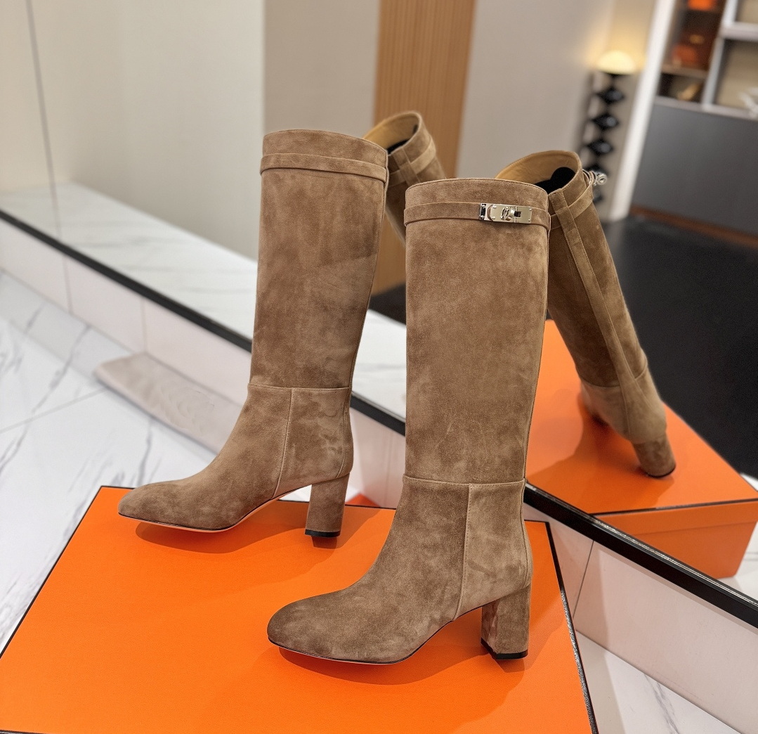 Designer Womens Dress Shoes Luxury Round Toe Suede Knight Boots Women Retro Brown Round Chunky Heel Belt Buckle Slip On Knee High Boots