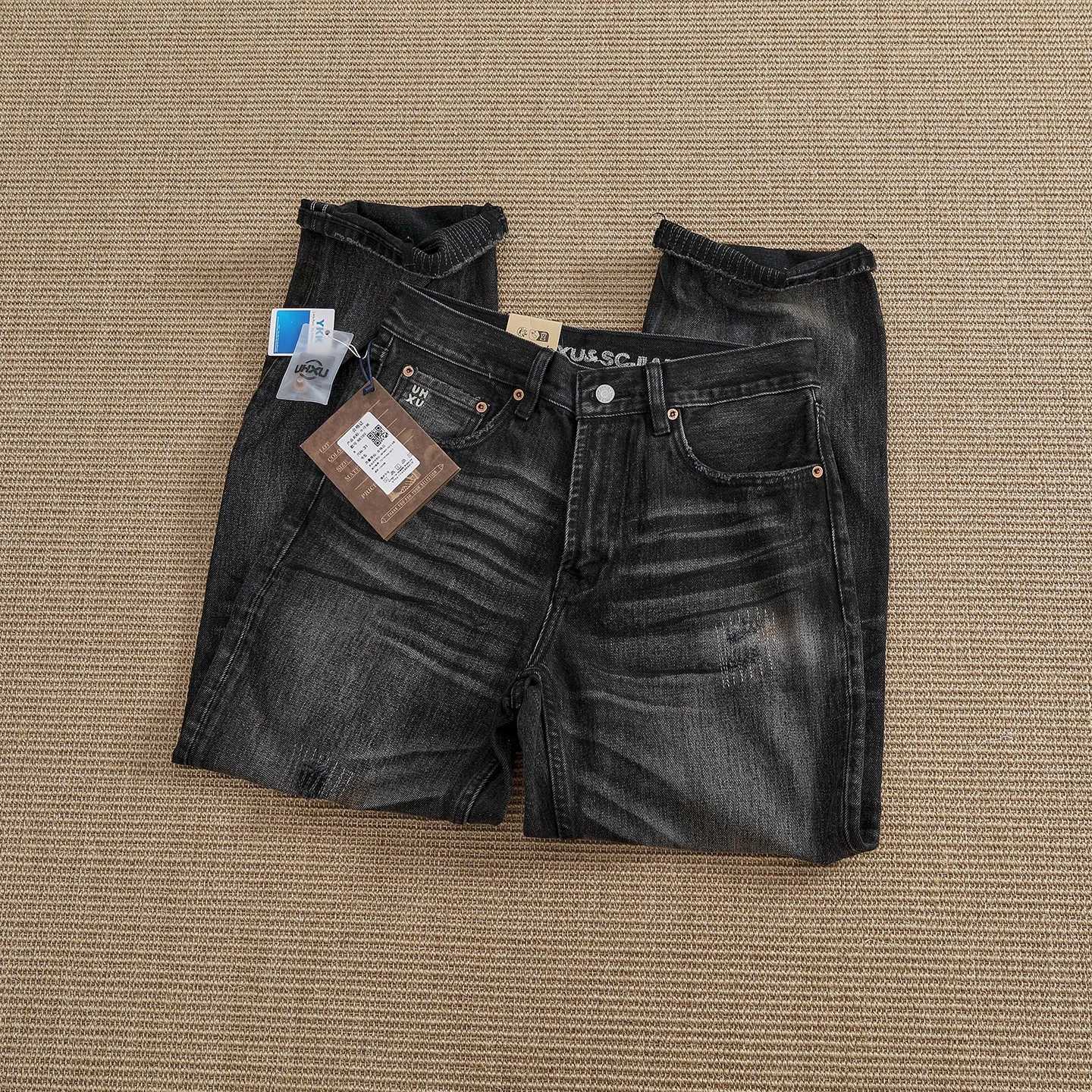 Men's Jeans 15OZ high-heavy denim fabric men's ripped patch jeans retro distressed whiskered straight casual pants X260919