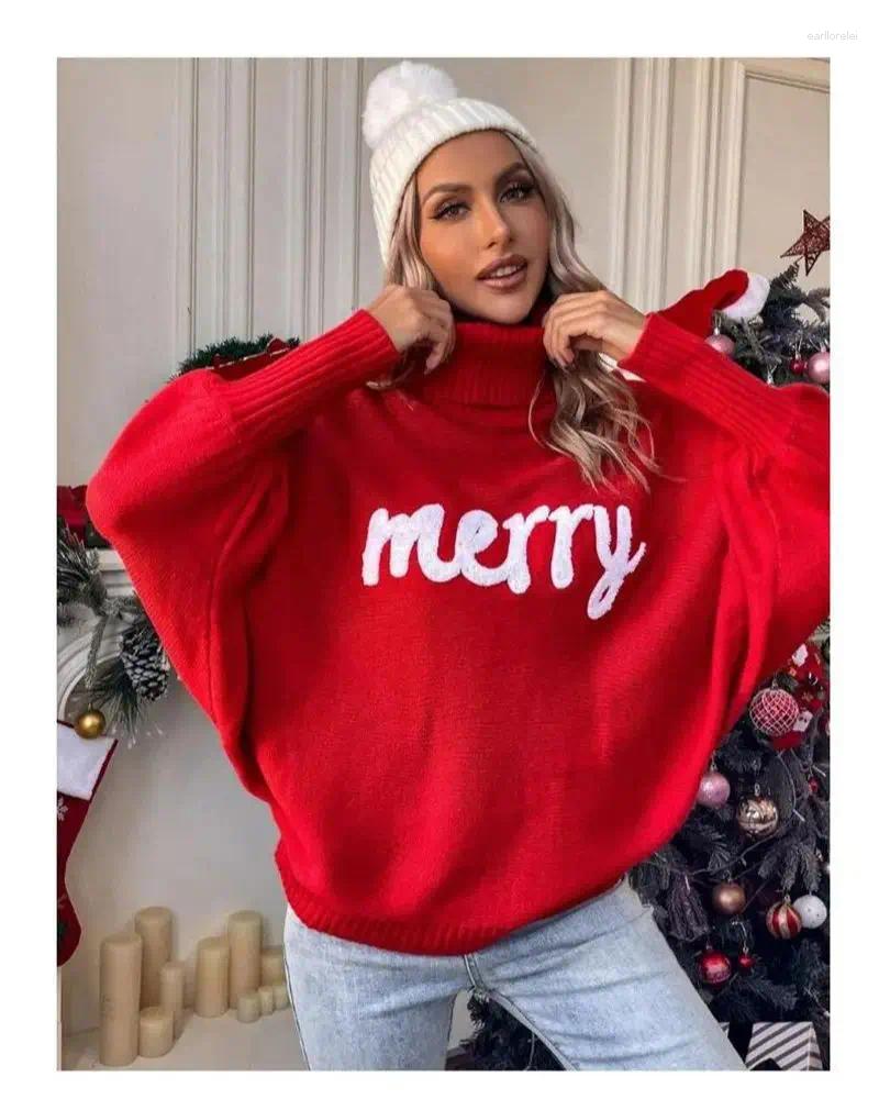 Wedifor Long Sleeve Turtleneck Christmas Women Sweaters Fashion Letter Printed Loose Casual Pullovers Elegant Winter Female Tops