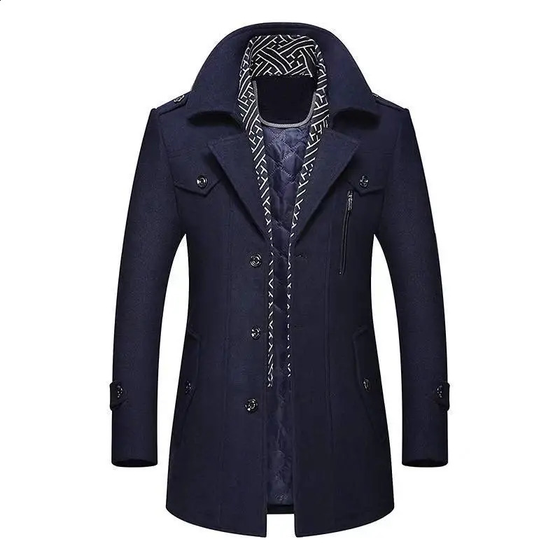 Winter Men Wool Coats Fashion Middle Long Scarf Collar Cotton-Padded Thick Warm Woolen Coat Male Trench Coat Overcoat M-5Xl 260920
