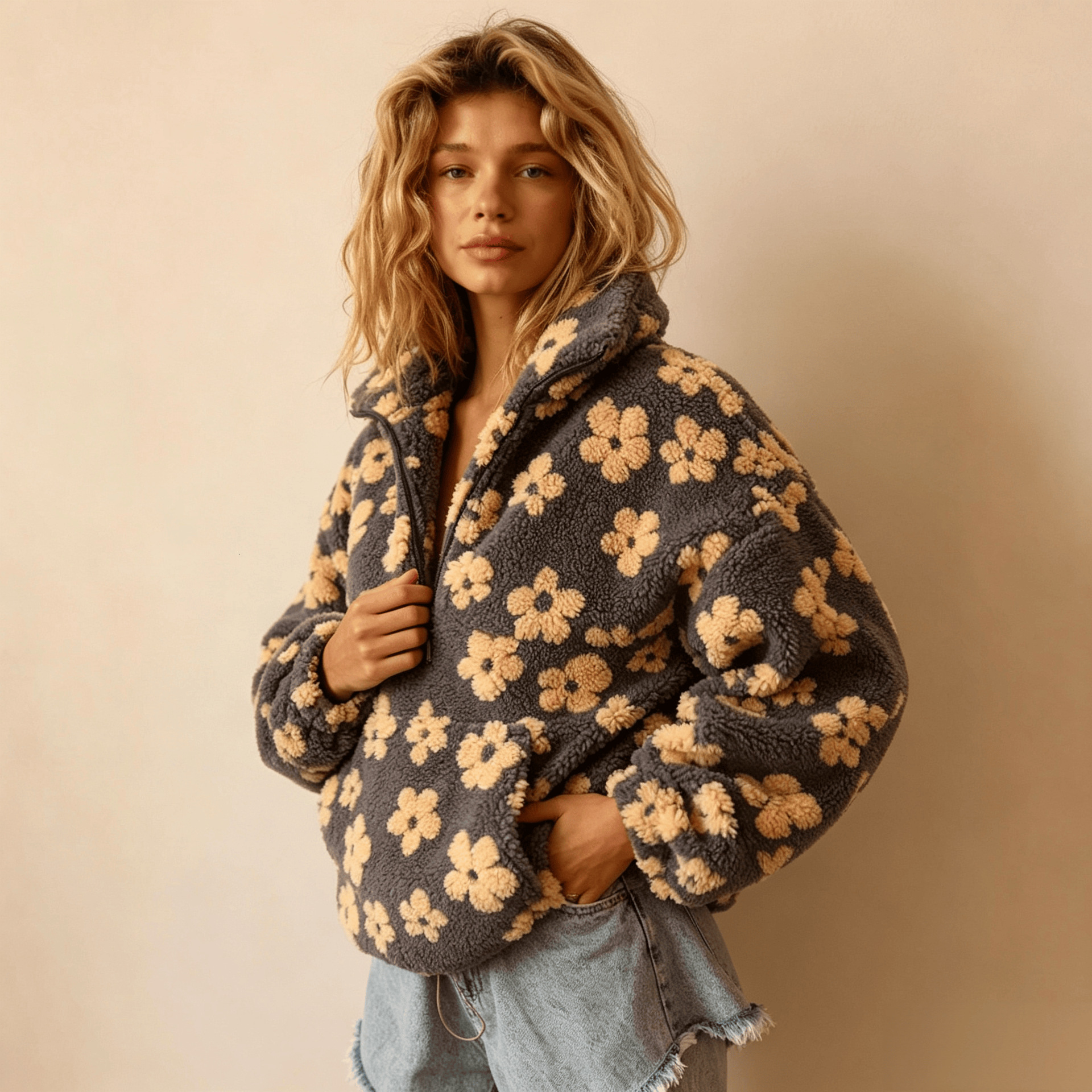 Vintage Luxury Designer Clothes Women Half Zip Sherpa Fleece Jacket Pink Floral Print High Collar Oversized Warm Pullover Coat For Autumn Winter Dai