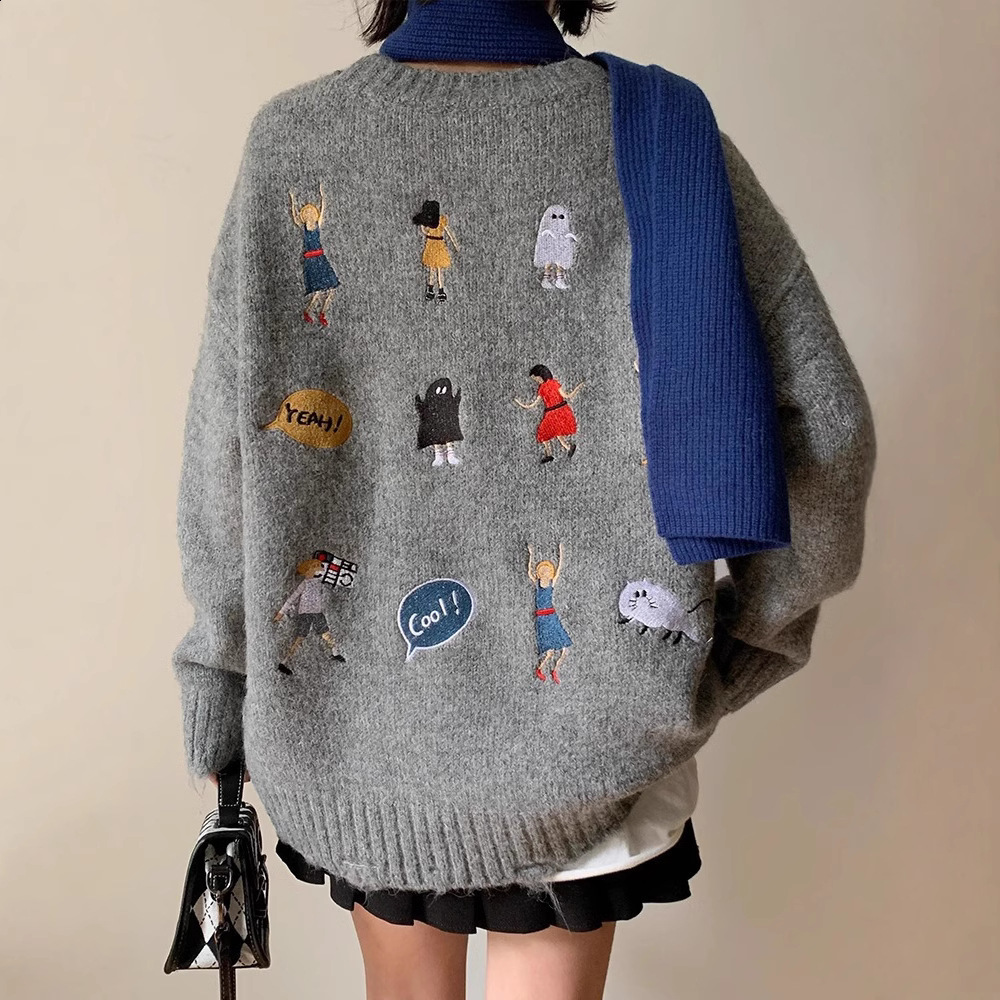American Style n Embroidered Soft Sweater for Women Loose Fit for Autumn and Winter Lazy Style Fashionable and Youthful Knitted Top 260920