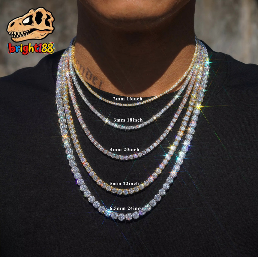 Hip Hop Iced Out Fine Jewelry 5MM Moissanite Diamond S925 Sterling Silver Moissanite Women Men Tennis Chain Necklace