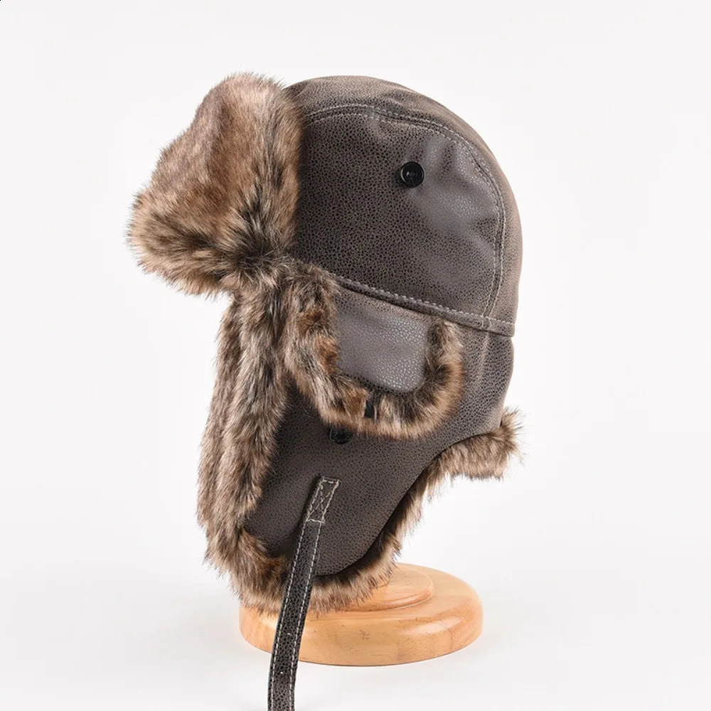 Leather Winter Trapper Hat Faux Fur Lined Ear Protection Caps Lei Feng Hat Pilot Windproof Ski Ushanka Men's 260918