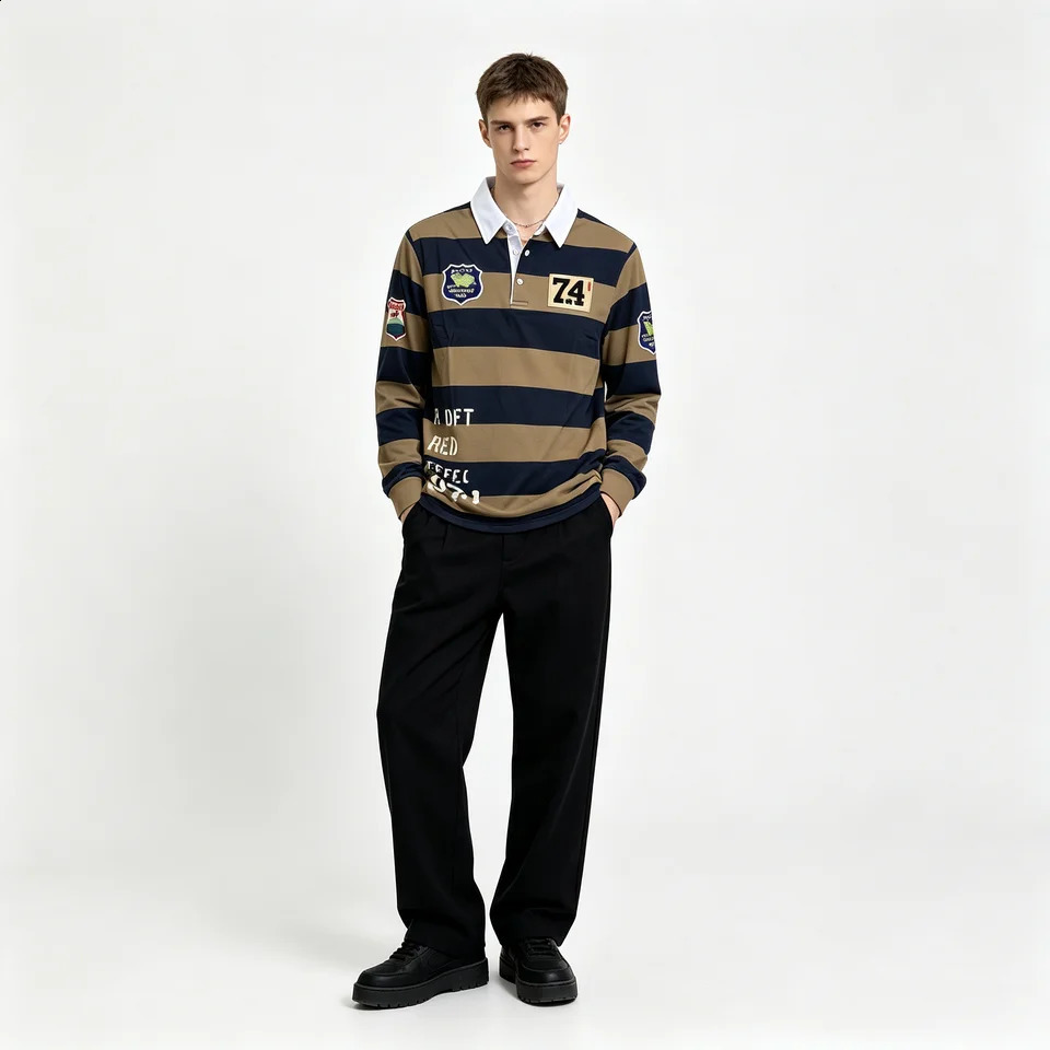 Mens retro striped long sleeved lapel shirt with national flag print on the back Y2K retro streetwear casual pullover 260920