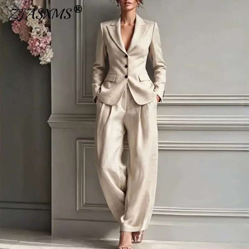 Vintage Solid Single Breasted Blazer Two Piece Outfit Women Lapel Pocket Wide Leg Pants Set Formal Wedding Interview Office Suit 260920