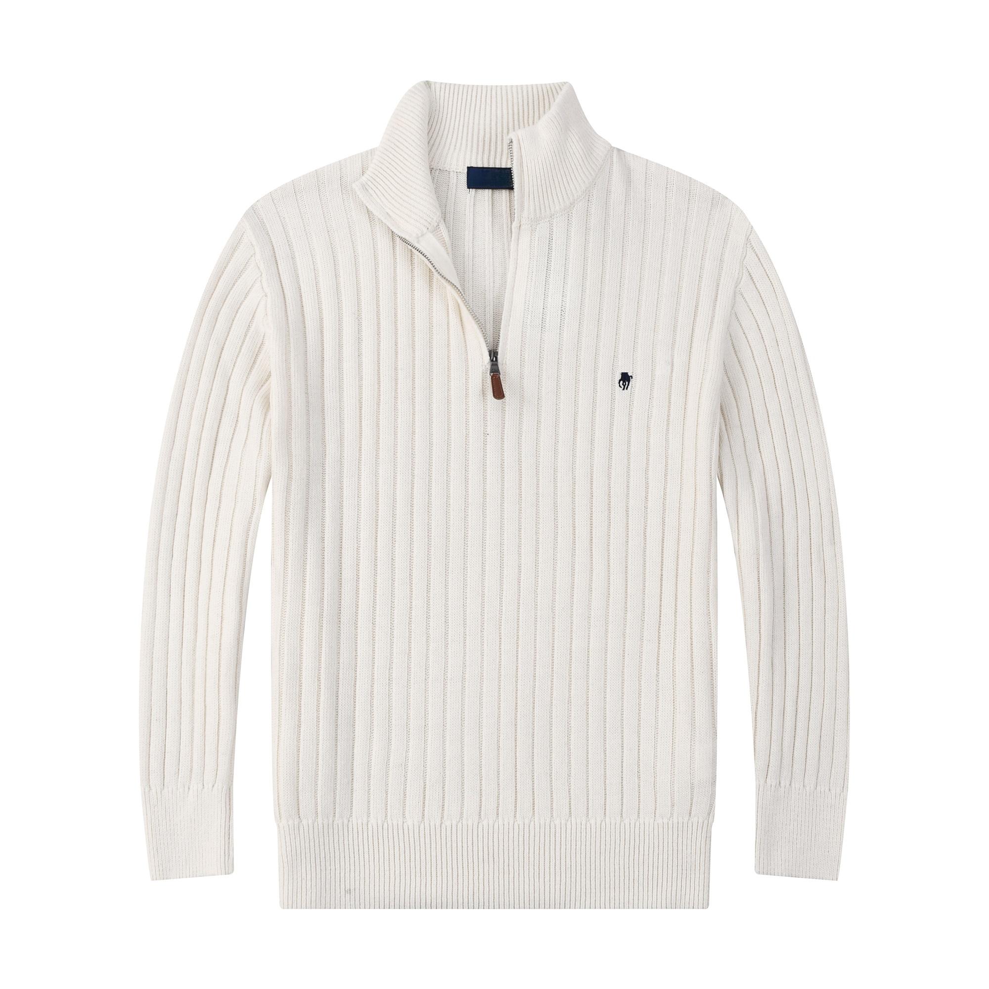 Men's Quarter Zip Ribbed Knit Sweater, Long Sleeve Pullover, Small Embroidery Logo Casual Knit Top for Autumn Winter