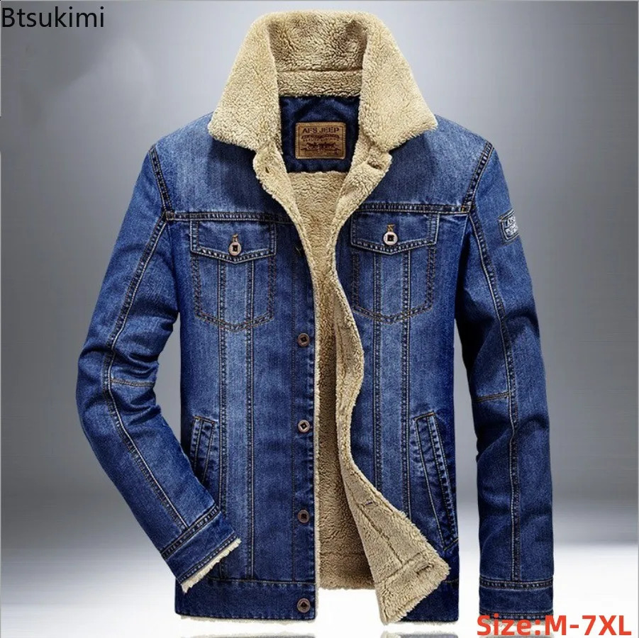 Autumn Winter Men's Denim Jackets Thicken Fleece-Lined Lapel Warm Cotton-padded Coats Loose Casual Jean Jacket Plus Size 7XL 260920