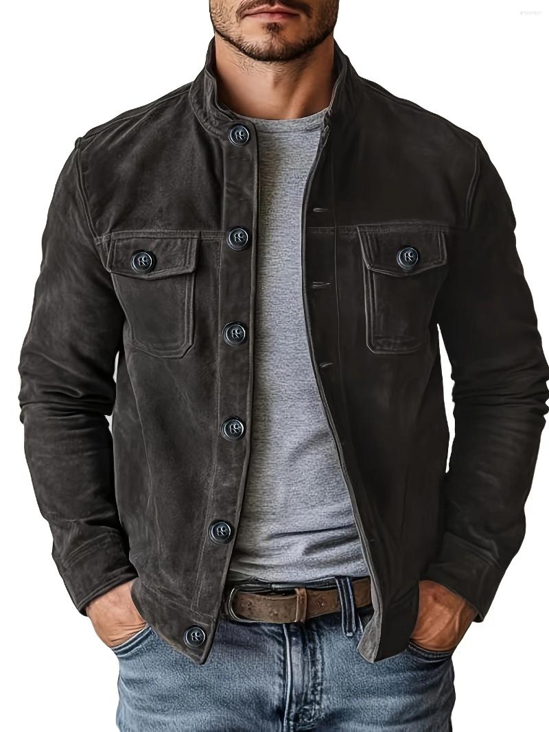 Men Retro Stand Collar Solid Color Faux Suede Jacket Button Front Chest Pockets Casual Workwear Motorcycle Outer Coat