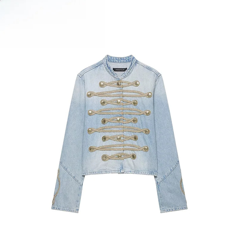 Fashionable Button Decorated Denim Jacket Womens Standard Fit Long Sleeve Polyester Outerwear for Autumn Season 260920