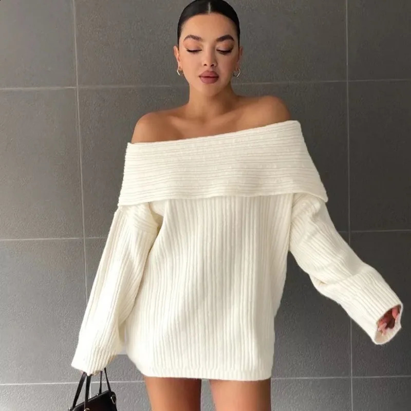 Off-the-shoulder Knitted Sweater for Women's 2026 Autumn Sexy Long-sleeved Loose Sweater Pullover Knitwear Jumpers 260920