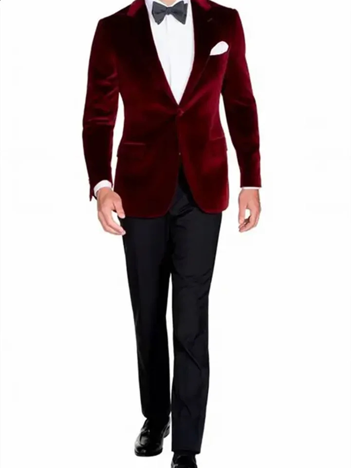 2 Pieces Men's Burgundy Velvet Blazer Black Pants Wedding Suits One Button Lapel Jacket Groom Tuxedos 260918