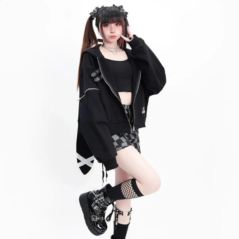 Harajuku Black Letter Crop Hoodies Women Casual Rabbit's Ears Hooded Grunge Y2k Aesthetic Vintage Streetwear Zip Up Sweatshirt 260918