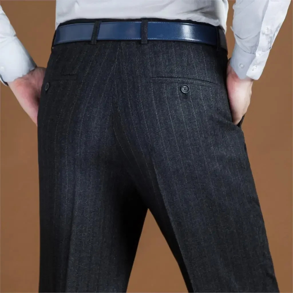 Pantaloni da completo in cashmere per uomo Pantaloni larghi in lana a vita alta a righe Pantaloni classici dritti formali da uomo taglia business 42