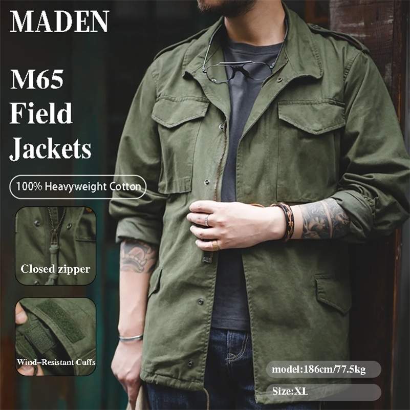 Maden Military M65 Field Jackets For Men's Green Vintage Army Jacket Casual Windbreaker Solid Lapel Collar with Pockets Overcoat260918ww