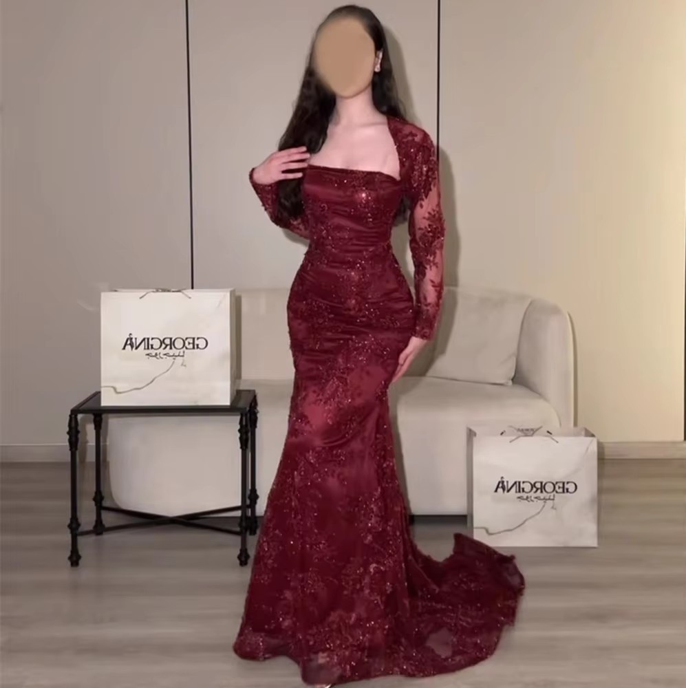 Luxury Burgundy Red Evening Formal Dresses Strapless Long Sleeve Sequin Lace Appliques Prom Pageant Party Gowns Celebrity Vestidos De Feast Gala
