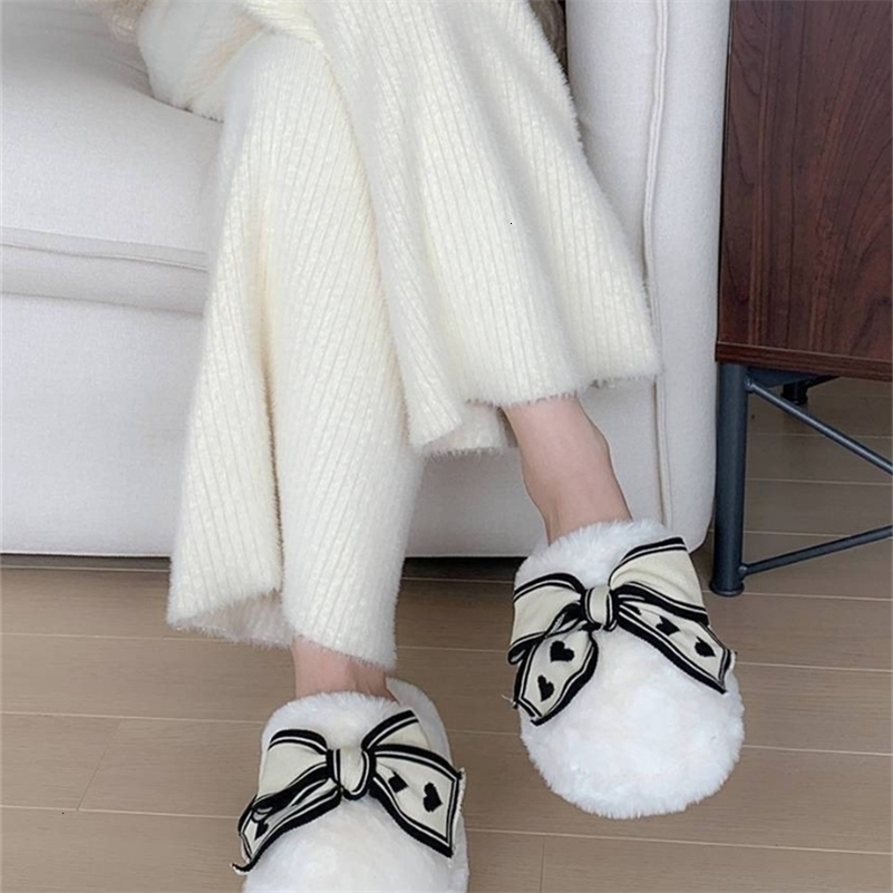 Women's Home AntiSlip Warm Plush Postpartum Cute Girly ClosedToe Cotton Slippers with Bow for Autumn Winter 260918