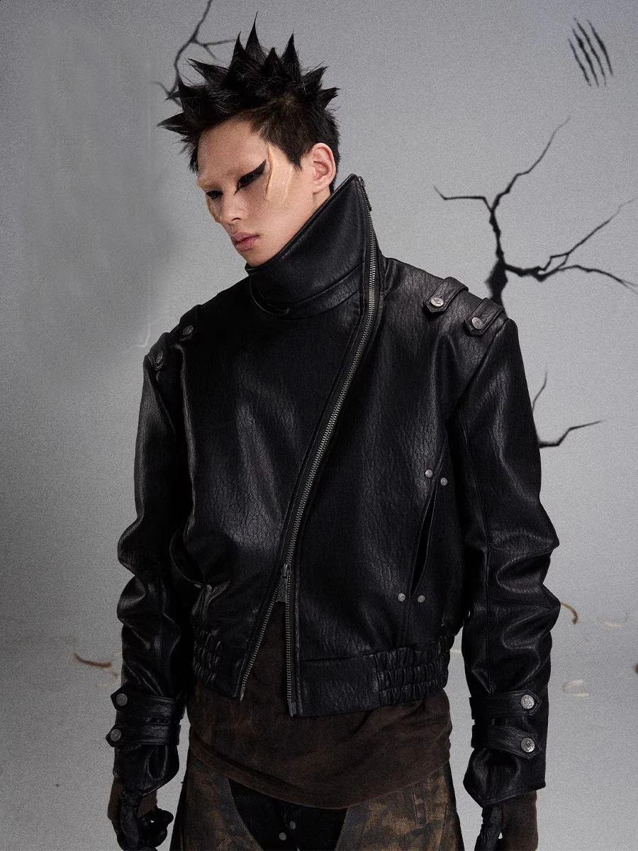 Mauroicardi Spring Autumn Cool Handsome Black Hard Pu Leather Jacket Men Zipper y ner American Vintage Streetwear 2025 260910