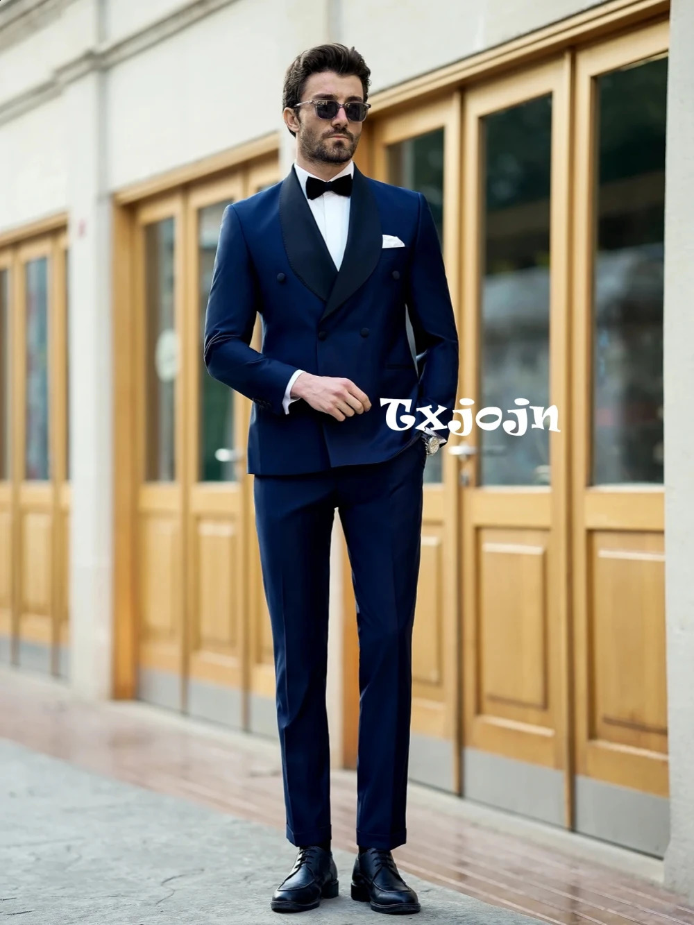 Navy Double Breasted Men's Suit Set Blazer Pants 2 Pieces Customized Slim Fit Shawl Lapel Dresswear For Formal Business Occasion 260918