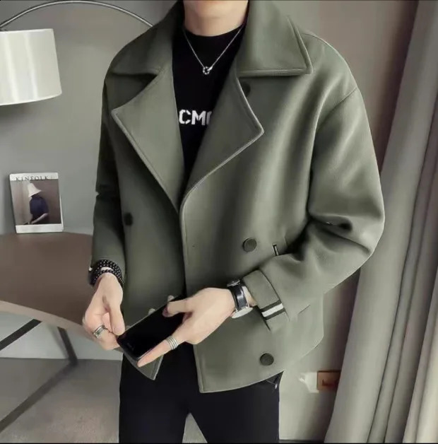 Mens Autumn Winter Solid Color Jacket Wool Cropped Coat Trendy Casual Slim Lapel Streetwear 260920