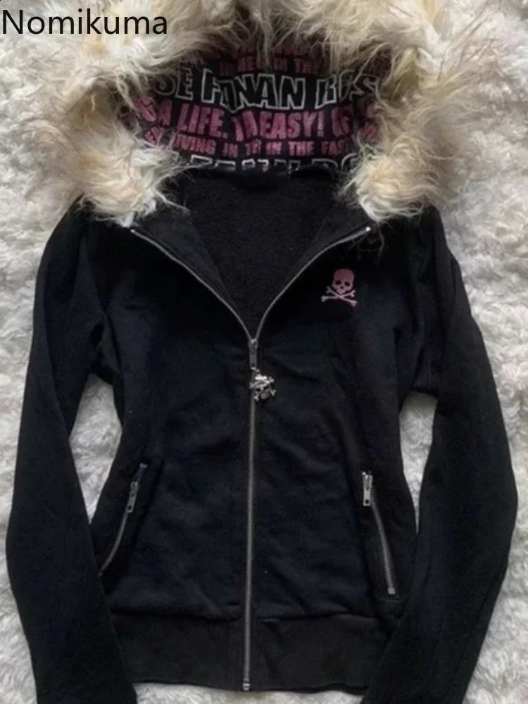 Black Goth Hoodie Women's Clothes Letter Skull Embroidery Zipper Y2k Coat Fashion Hooded Jacket Japanese Sweatshirts Y2K Tops 260918