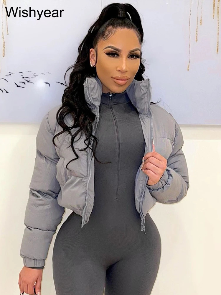 Winter Thick Warm Cotton Down Jacket Women Clothing Gray Zipper Short Puffer Parkas Coats Outwear Female Crop Tops Streetwear 260918