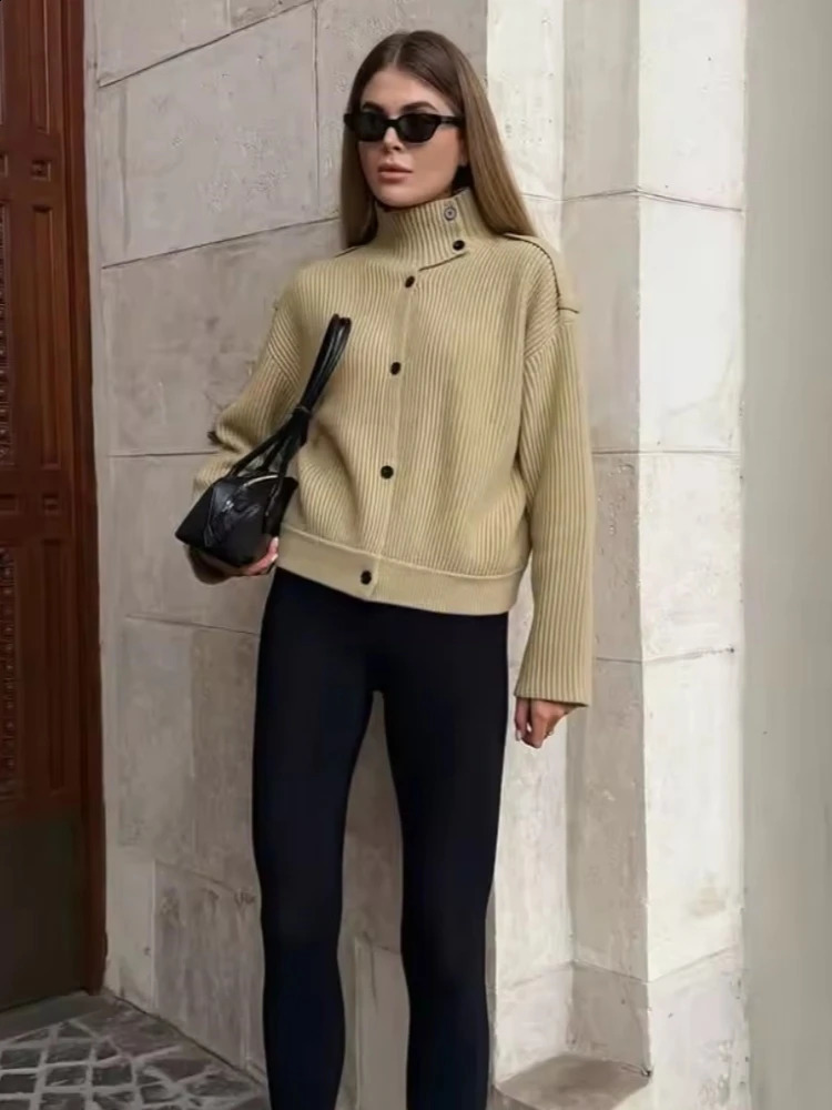 Women Elegant Green Knit Cardigan 2026 Autumn Turtleneck Single Breasted Sweater Tops Winter Chic Commute Lady Knitwear 260920