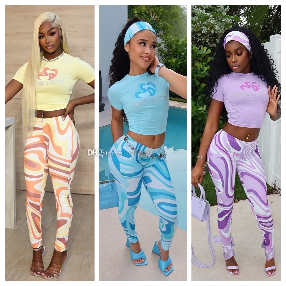 Womens Tracksuits With Headscarf Fashionable Casual Round Neck Short Sleeve Printed Rhinestone Tight Pants Two-piece Set For 2026 Autumn
