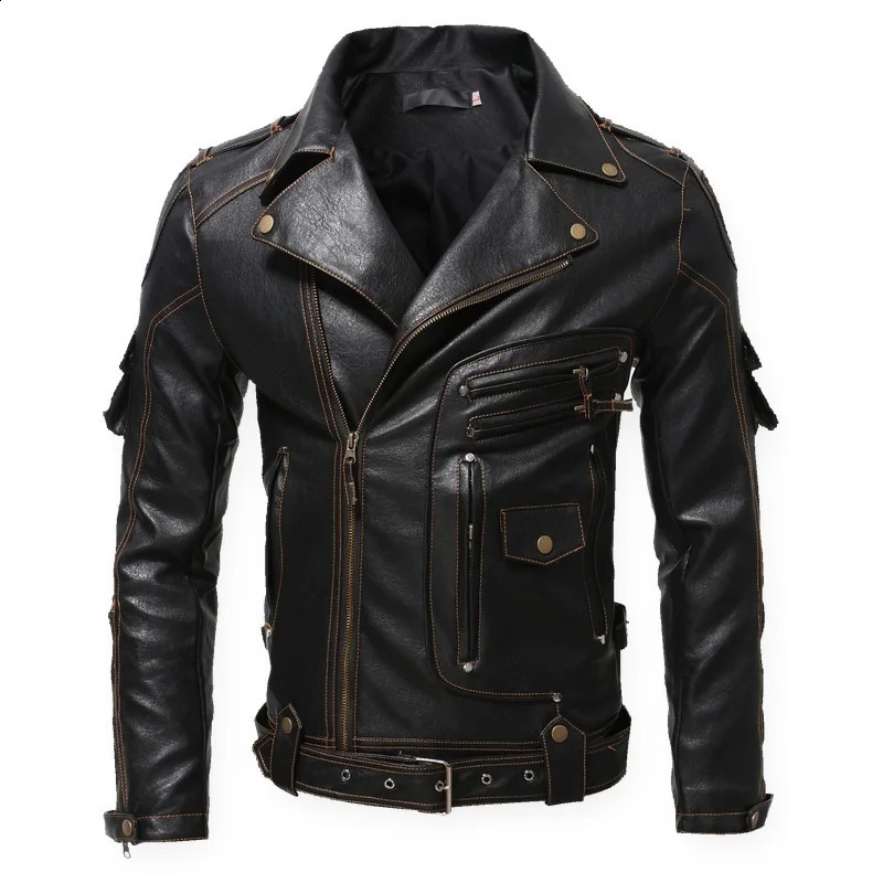 Mens Vintage Motorcycle Jacket Multi Zipper Biker Leather Jacket Lapel Collar Plus Size Punk Rock Stage Performance Coat 260920