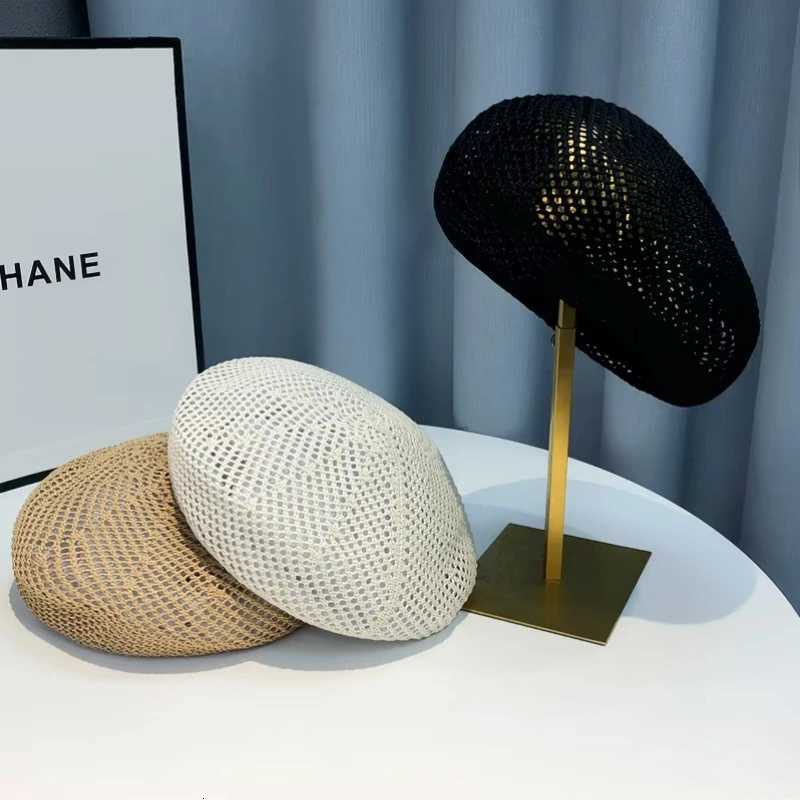 Mesh Berets Straw Knit Woven Beret Women's Breathable Artist Hat Casual Hollow Out Summer Anti-UV Sunscreen Hat Adjustable Headwear N260919