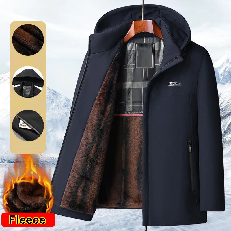 Hooded Fleece Lining Mens Winter Jacket Coat Parka With Zipper Pockets Korean Jackets for Coats Black 260920
