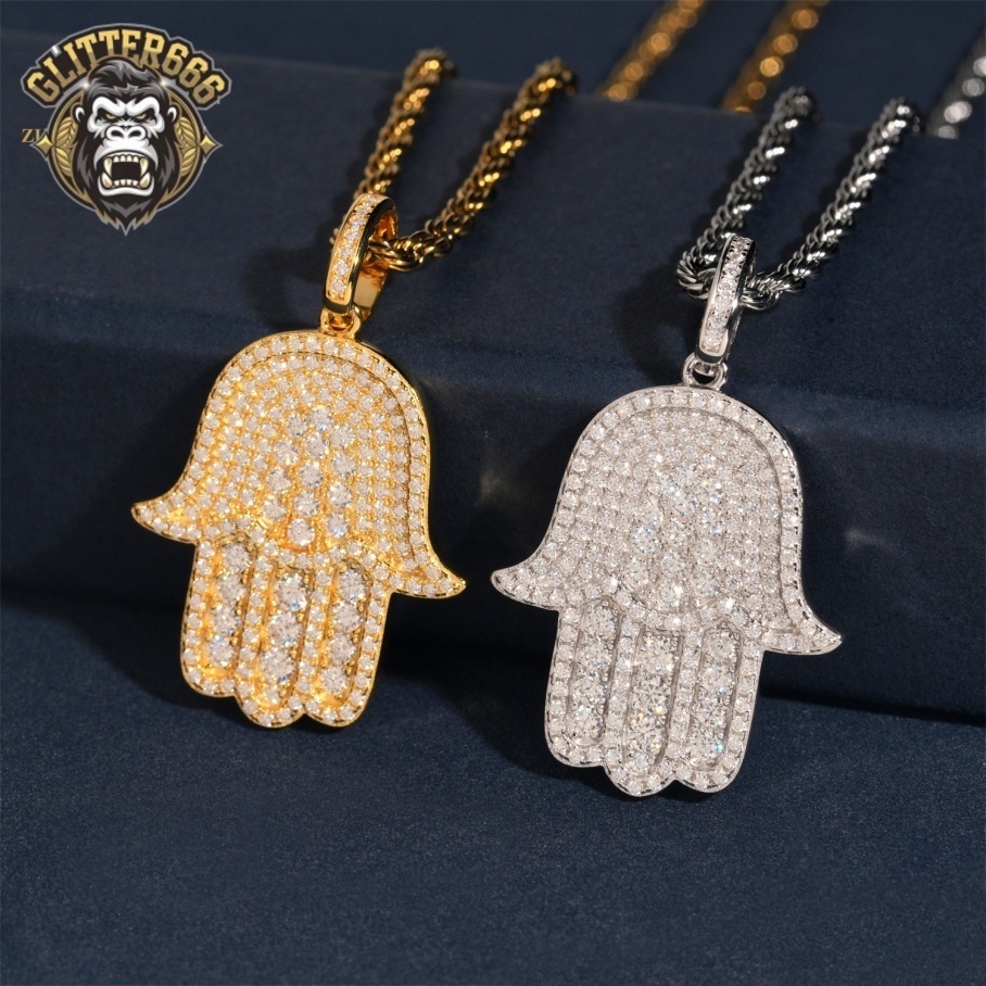 Pass Tester 925 Solid Silver Hip Hop VVS Moissanite Jewelry Lucky Charm Pendant Custom Iced Out Diamond Hamsa Hand Pendant