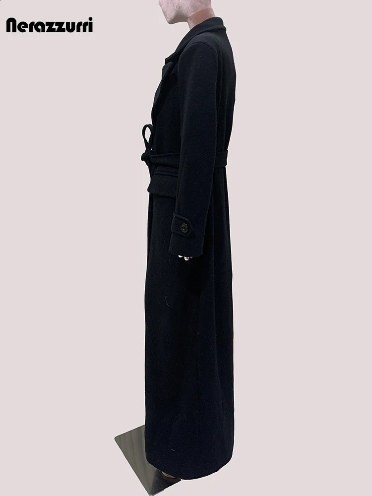 Mauroica Autumn Winter Long Black Warm Soft Wool blends Coat for Women Sashes Loose Casual Floor Length Woolen Overcoat 260910