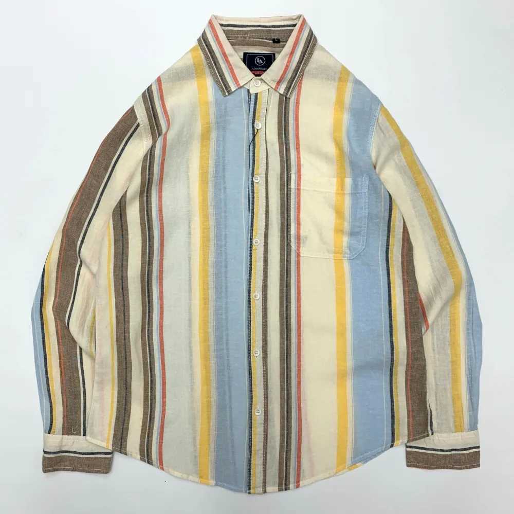 Men's Casual Shirts A men's loose and casual Japanese retro long-sleeved shirt with colorful striped cotton and linen X260919