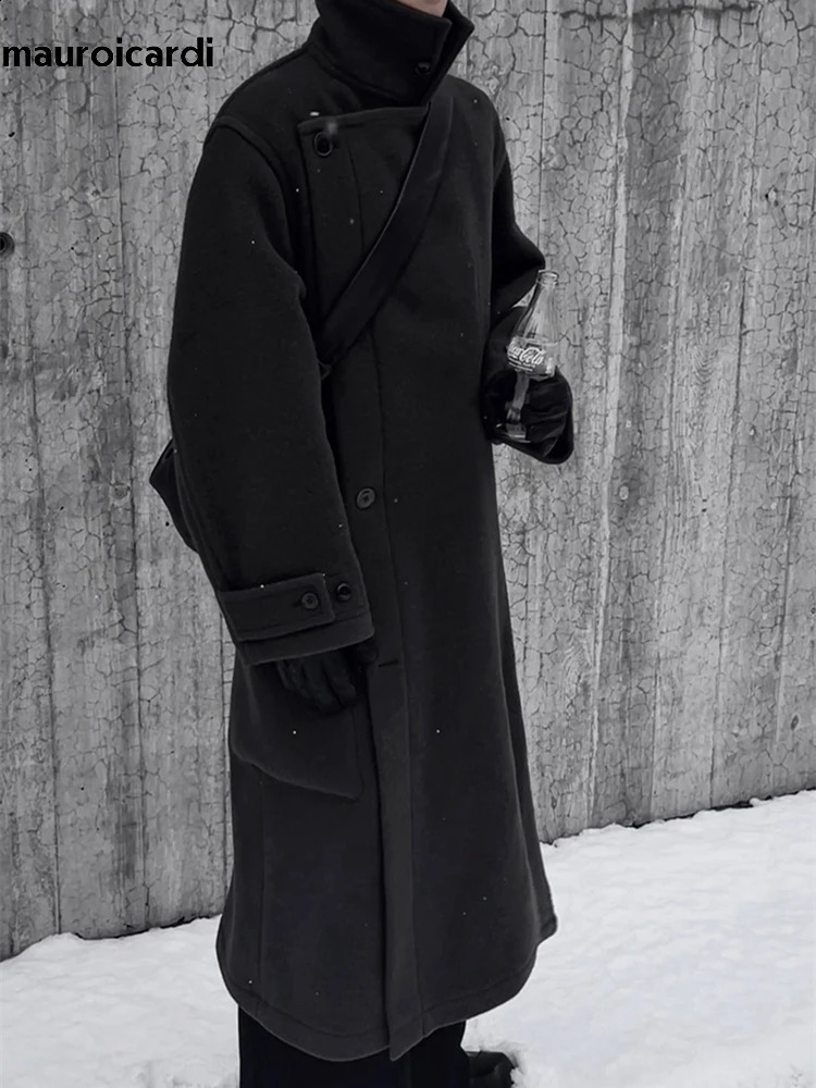 Mauroicardi Autumn Winter Oversized Long Thick Soft Warm Black Wool Blends Coat Men y er Clothes Woolen Overcoat 260920