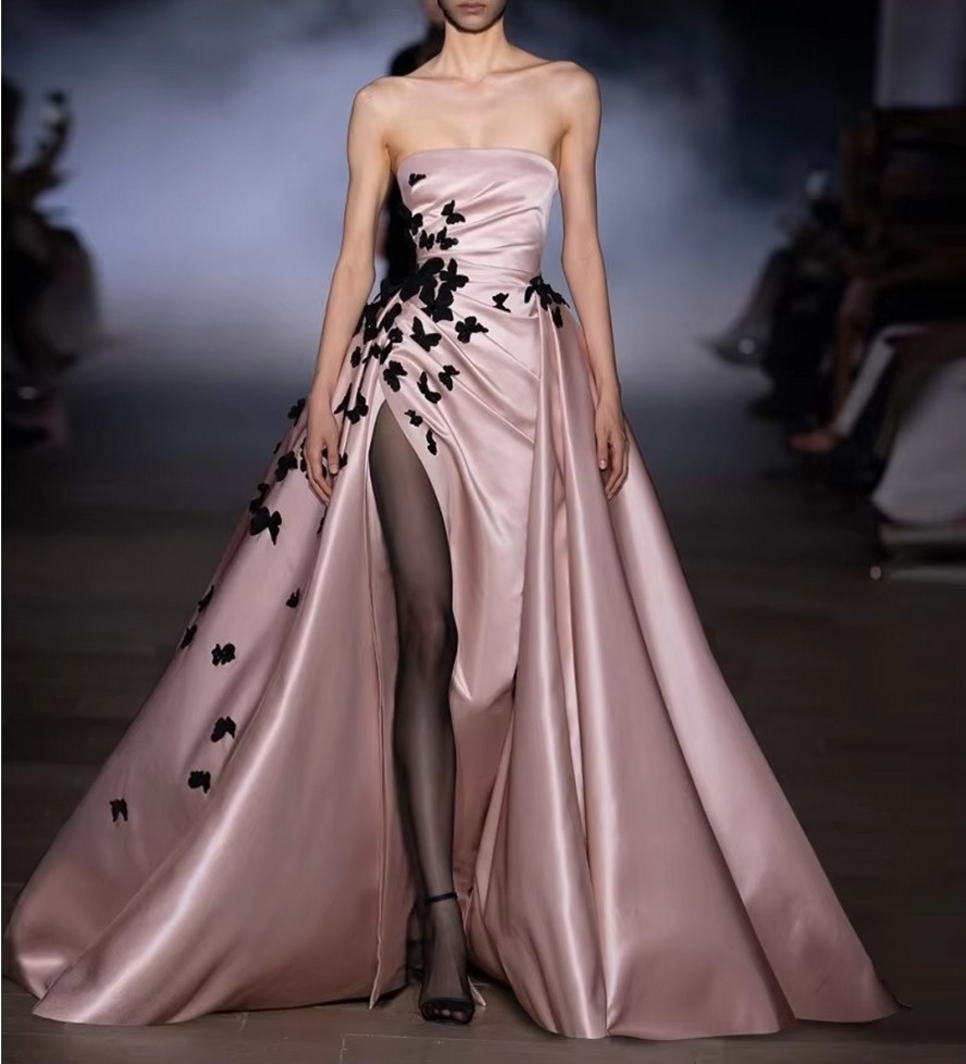 Luxury Pink Evening Formal Dresses Strapless 3D Flower Lace Appliques Silt Mermaid Satin Prom Pageant Party Gowns Celebrity Vestidos De Feast Gala