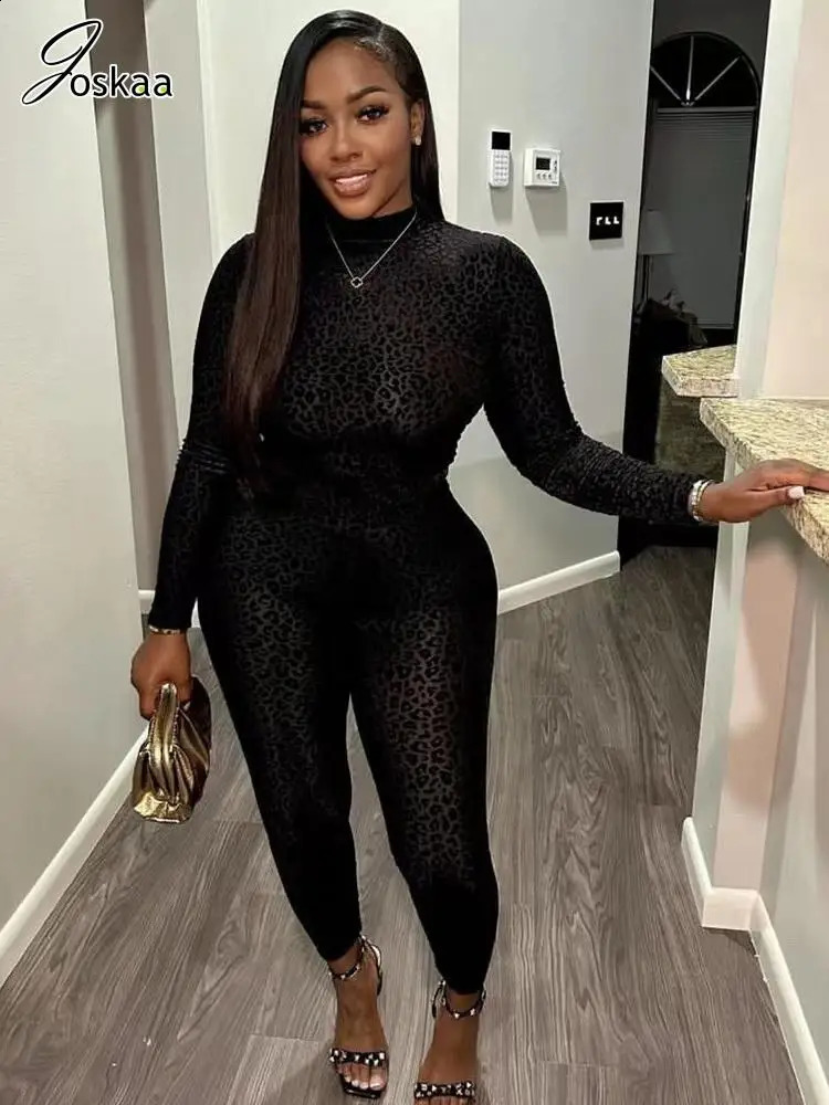 Joskaa Sexy Mesh Flocking Black Jumpsuit Women Stunning See Through Long Sleeve Skinny One Piece Overalls Night Club Outfit 260918