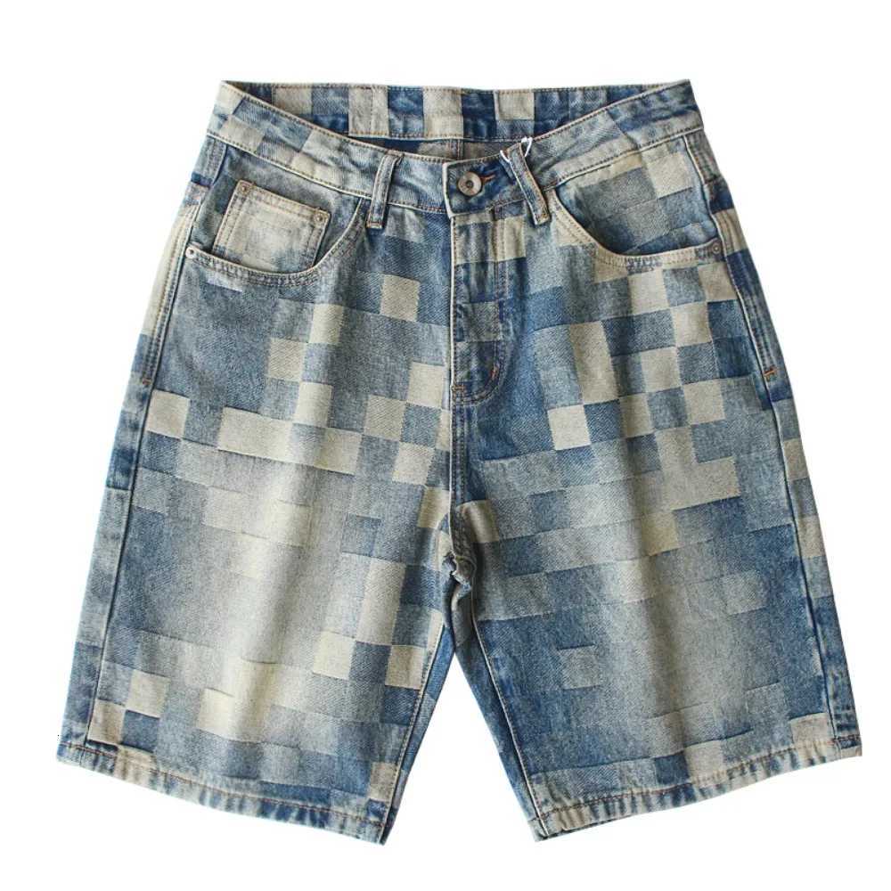 Men's Jeans Heavyweight checkerboard plaid denim shorts men's summer cotton washing old American retro trendy denim five-point pants X2609