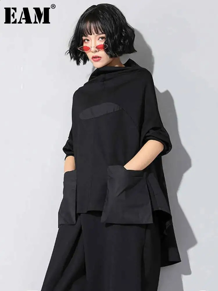 EAM Women Black Loose Pocket Irregular Hem Big Size T-shirt Turtleneck Long Sleeve Fashion Autumn 2026 JQ01801 260917