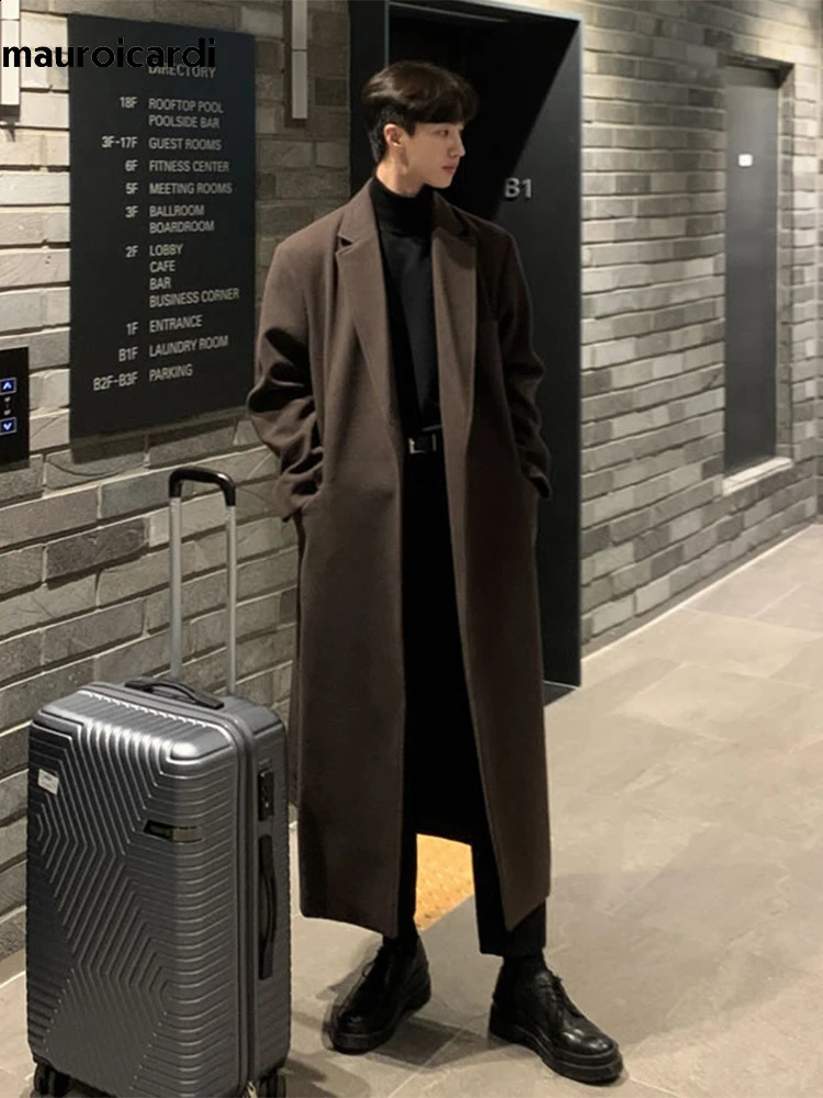 Mauroicardi Autumn Winter Long Casual Brown Black Soft Thick Warm Woolen Coat Men Sashes y er Plus Size Overcoat 5XL 260920
