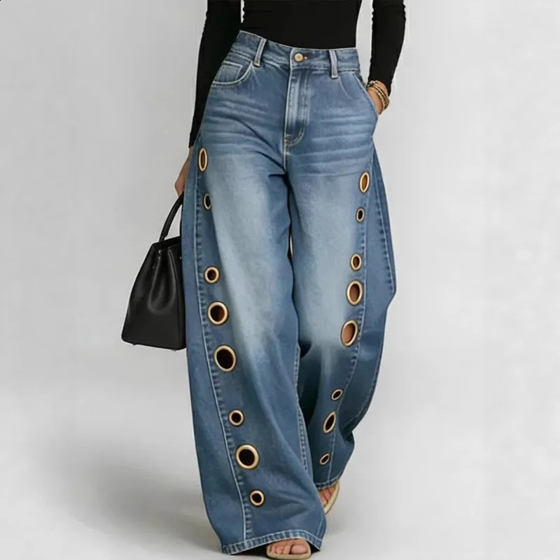 European American Crossborder Spring Summer Womens High Waist Metal Hole n Casual Loose Jeans Temperament Commuting 260920