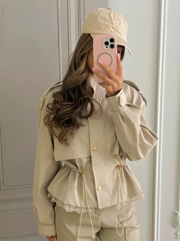 Solid Lace Splice Fashion Windproof Jacket Autumn Drawstring Slim Stand Neck Outwear Versatile Retro Office Ladies Women Coats 260920