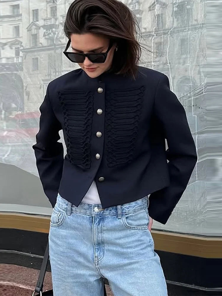 Napoleon Jackets Women Shoulder Pad O Neck Single Breasted Long Sleeves Knot Fitted Coats Female 2026 Spring Solid Outwears 260918