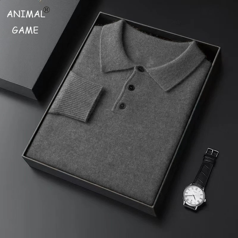 Autumn Mens Knit Pullover Sweater Lapel Slim Fit Button HeavyWeight Polo Sweaters Outdoor Winter Warm Solid Streetwear 260920